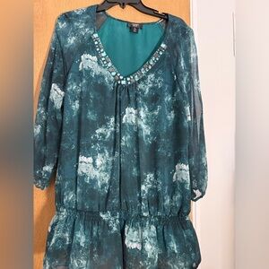 Chic Teal Women's Blouse with Beaded Neckline